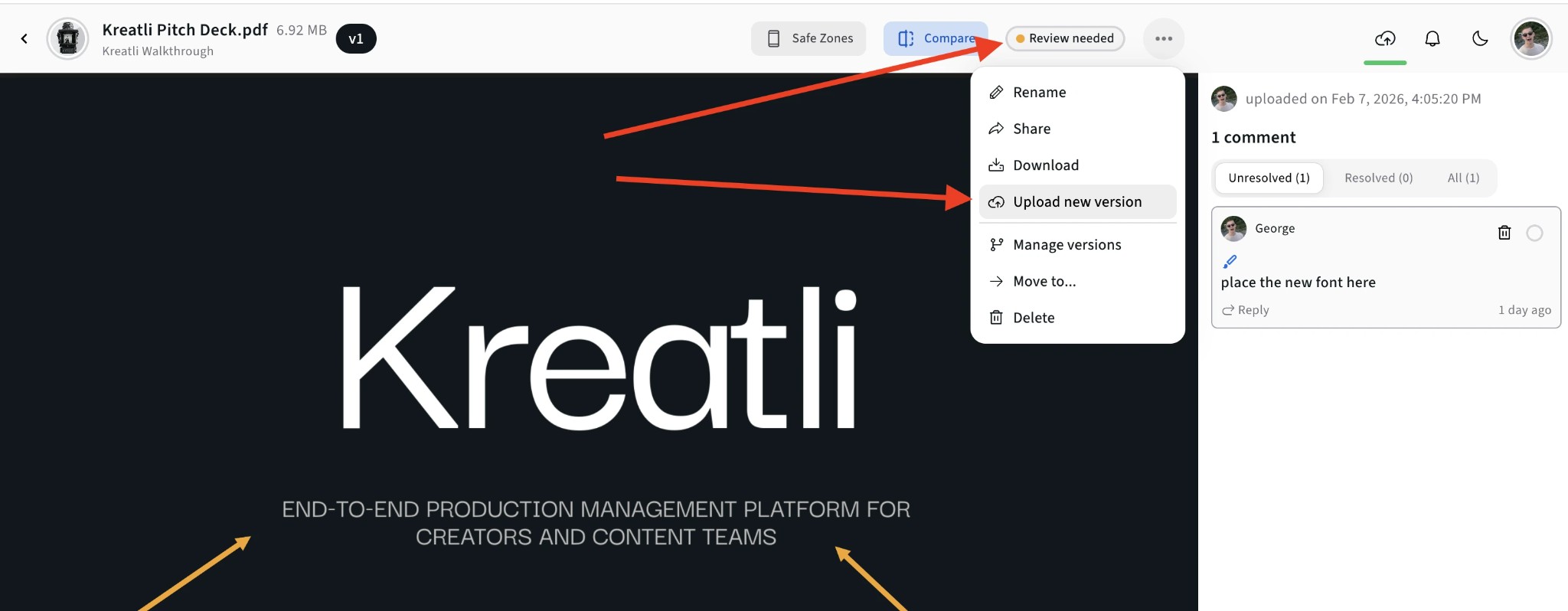 Image viewer with Compare, Share, and version options in Kreatli