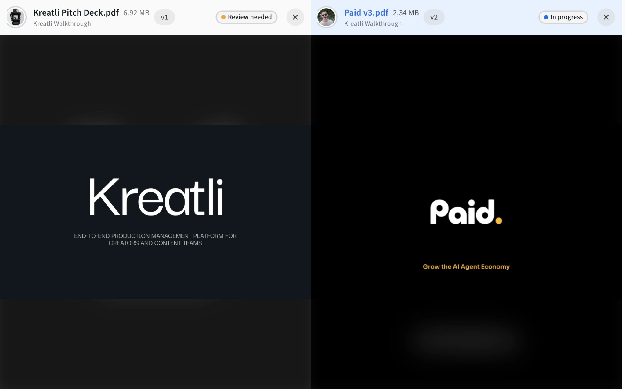 Compare two document versions side by side in Kreatli
