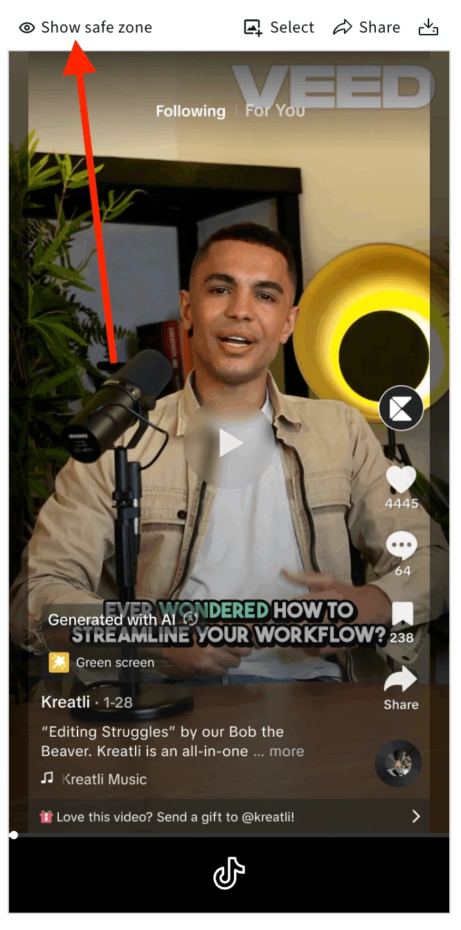 Social media safe zone checker showing safe zone overlay activation button and visual guide for identifying UI element placement across platforms