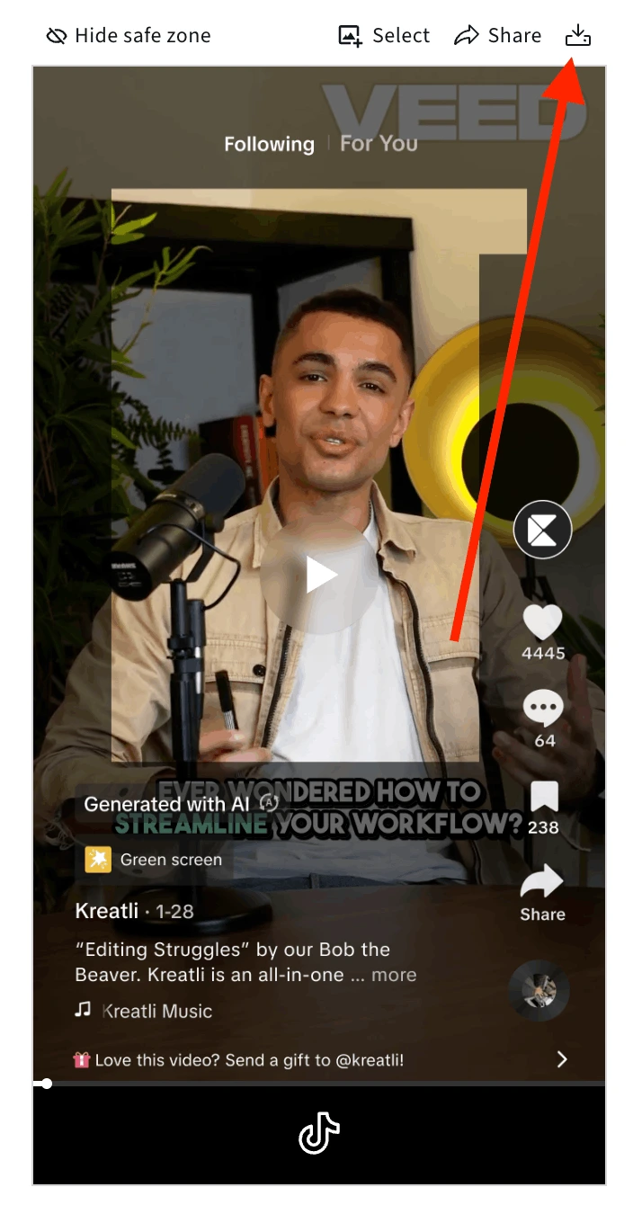 Social media safe zone checker tool export and download button interface for saving video preview with safe zone overlay reference guide for TikTok, Instagram Reels, and YouTube Shorts team collaboration