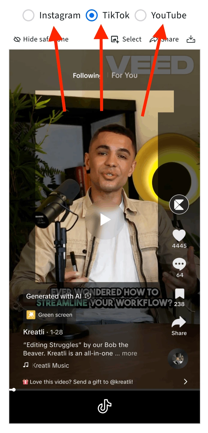 Social media safe zone checker tool platform toggle interface showing UI overlays comparison for TikTok, Instagram Reels, and YouTube Shorts with safe zone indicators