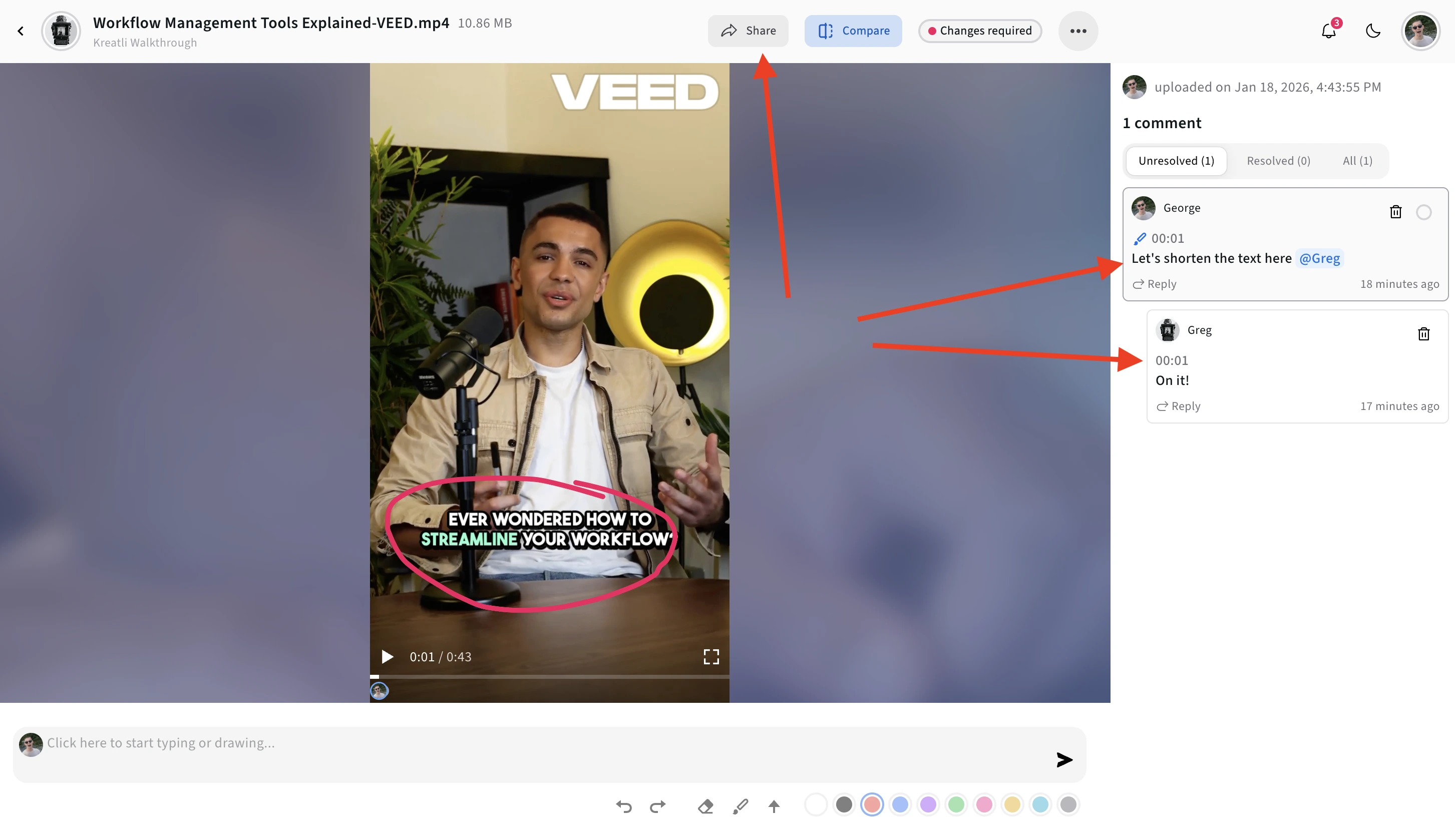 Kreatli platform interface showing file upload and team collaboration features for reviewing social media content with safe zone overlays