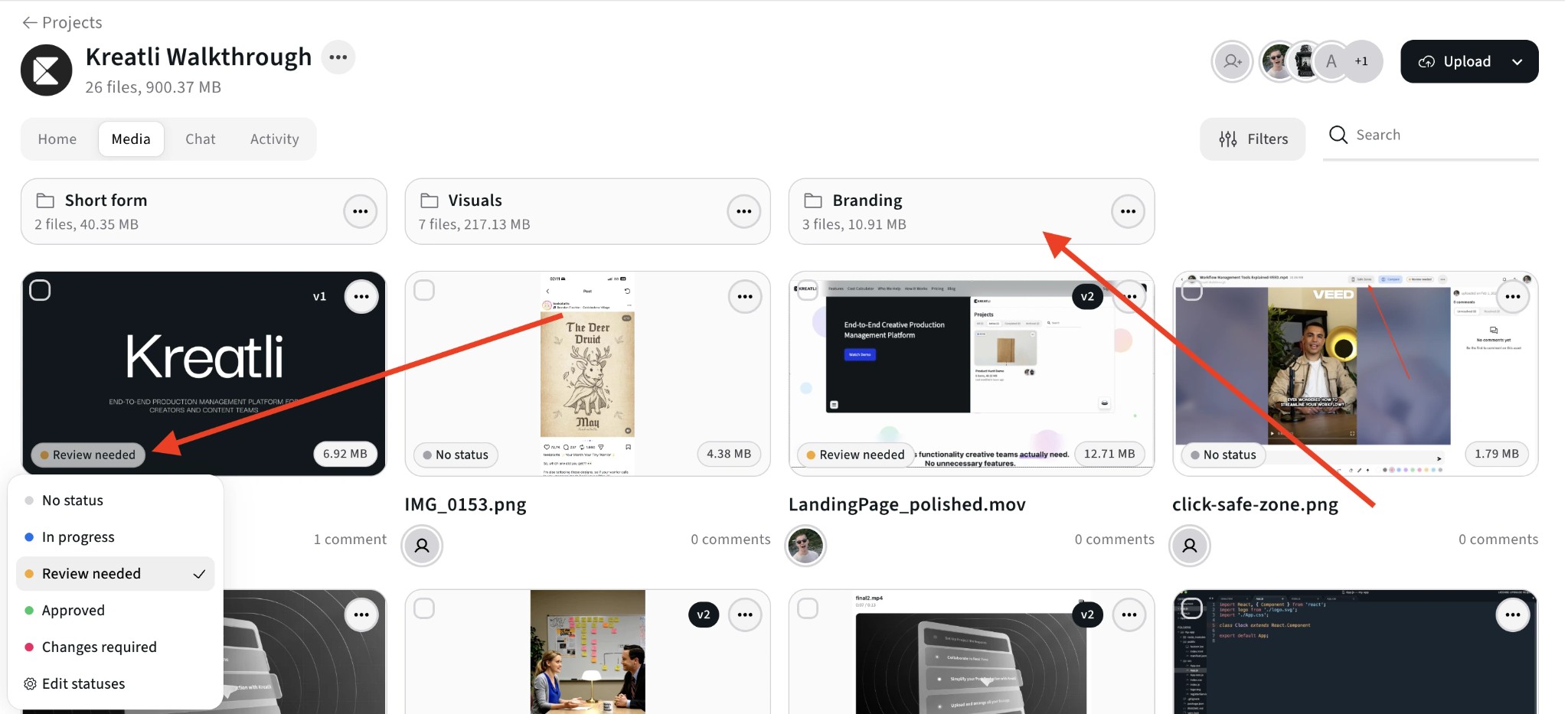 Organized video folders and status labels in Kreatli