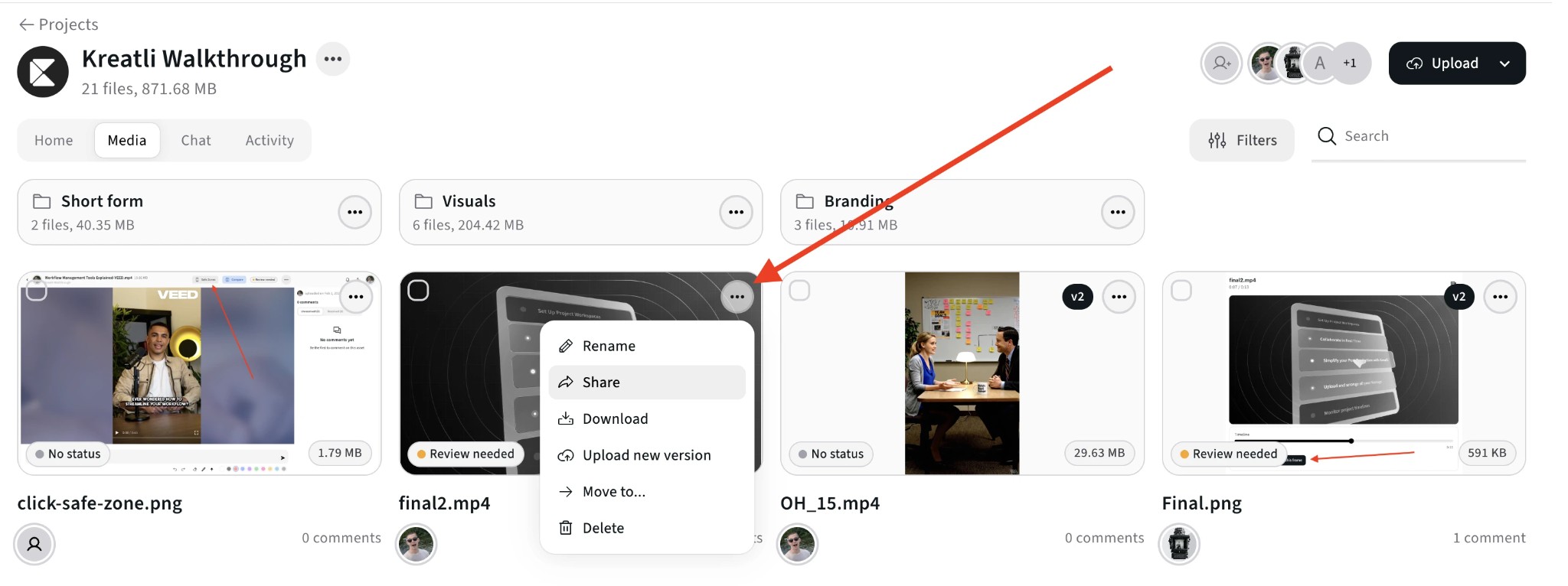 Generate shareable video review link in Kreatli