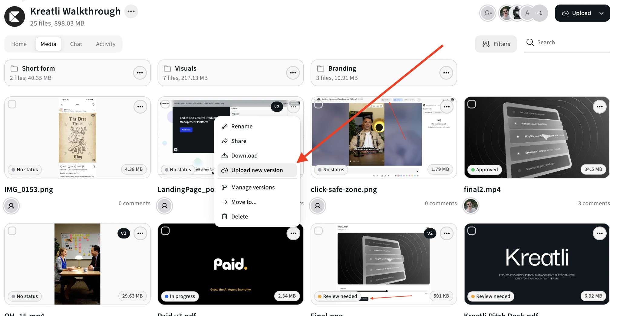 Open file menu and choose Upload new version in Kreatli Media view
