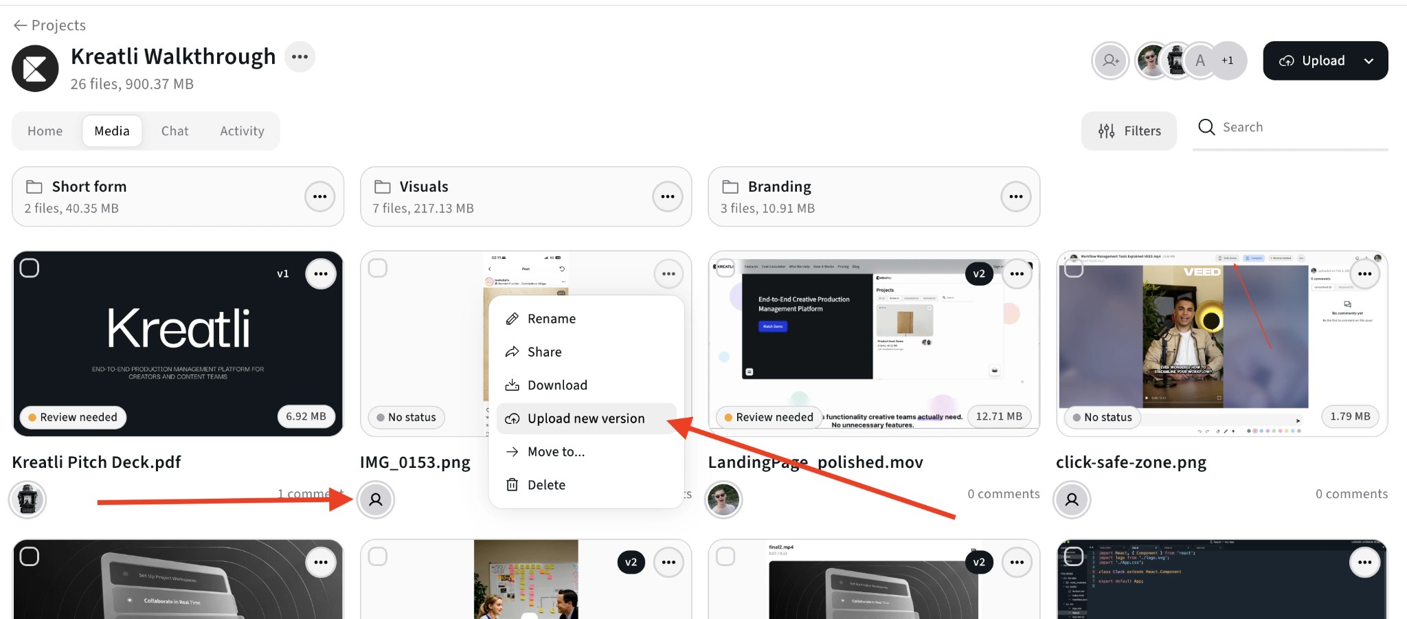 Upload new version and version history in Kreatli