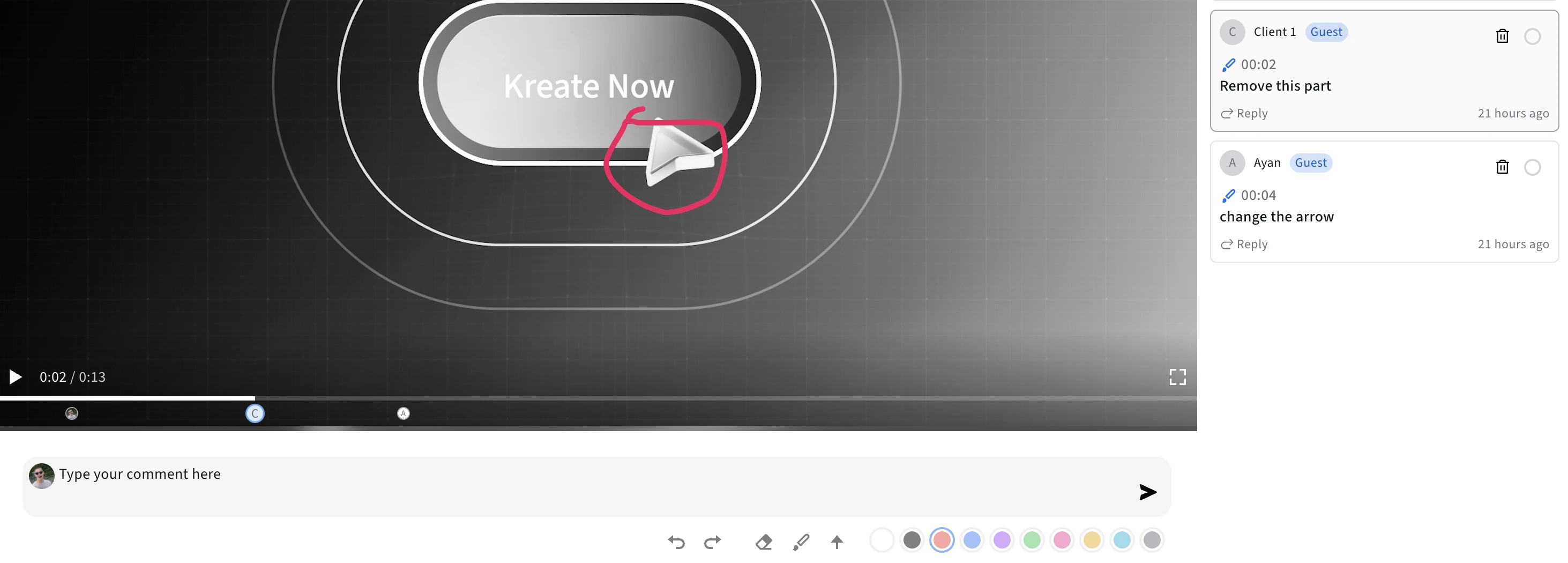 Timeline view with comments in Kreatli