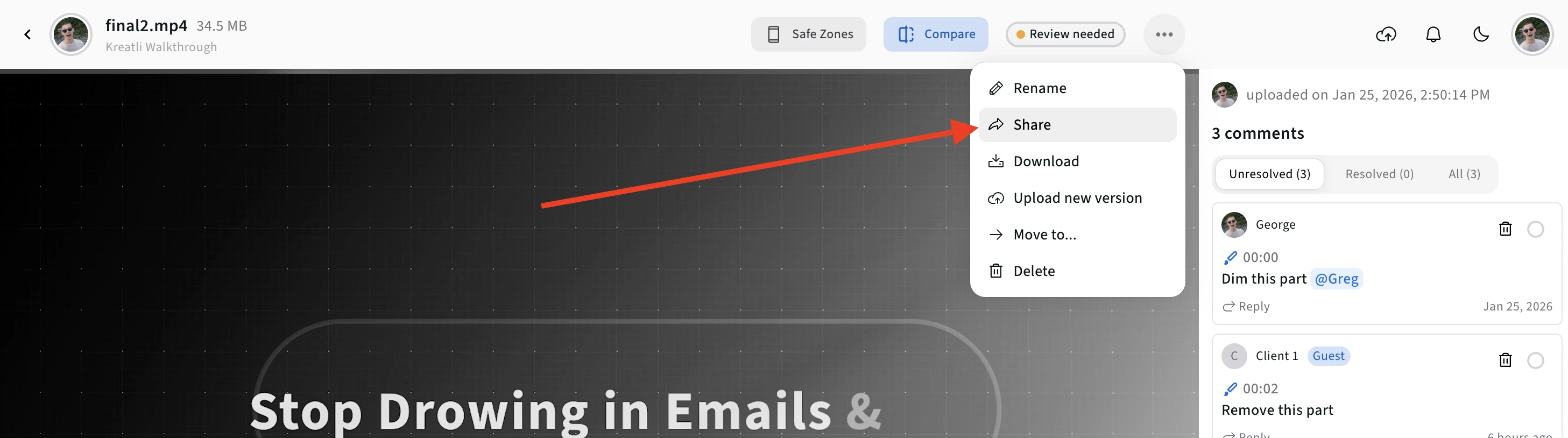 Sharing and resolution tracking for video comments in Kreatli