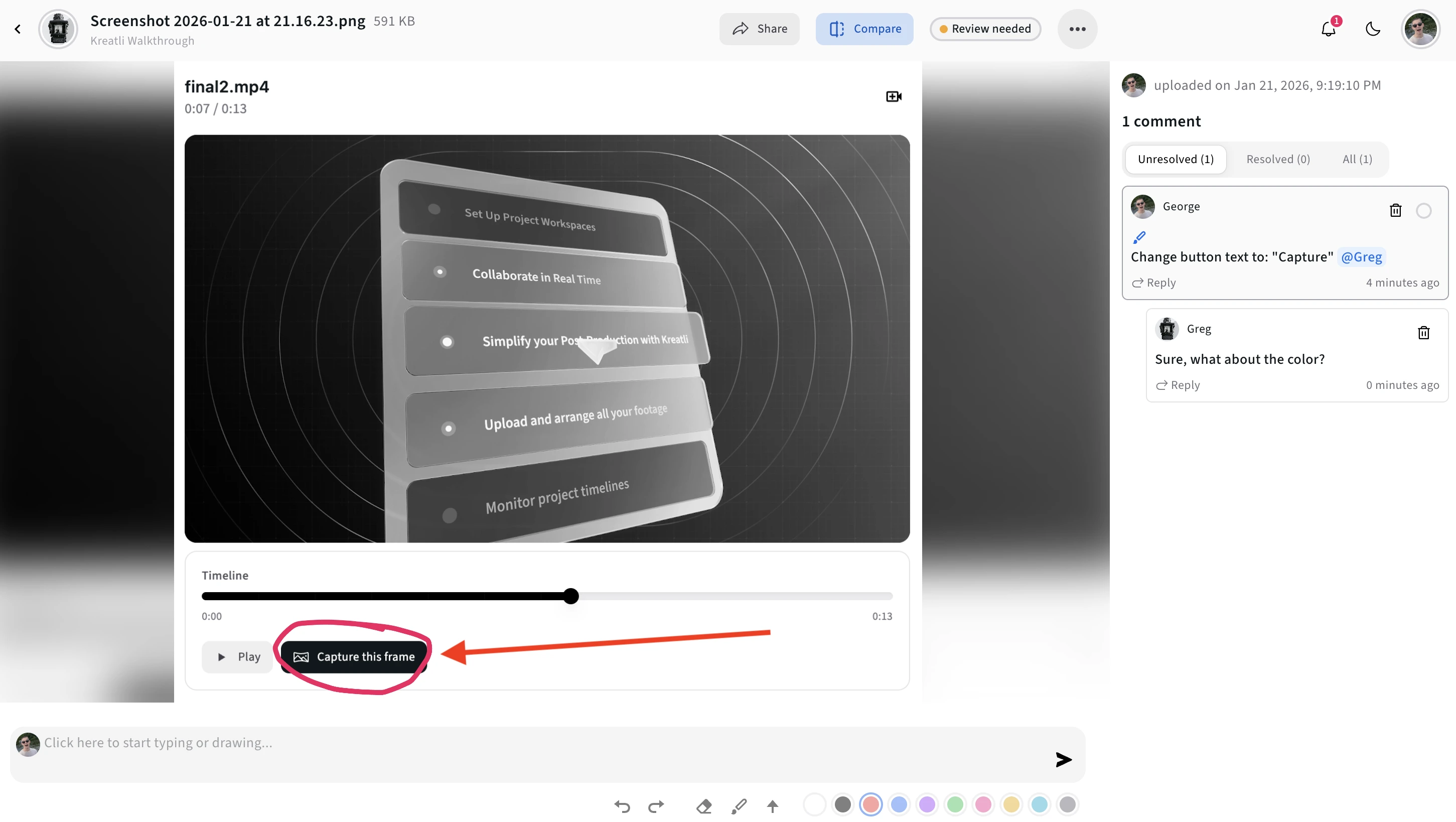 Upload extracted frames to Kreatli for review and feedback