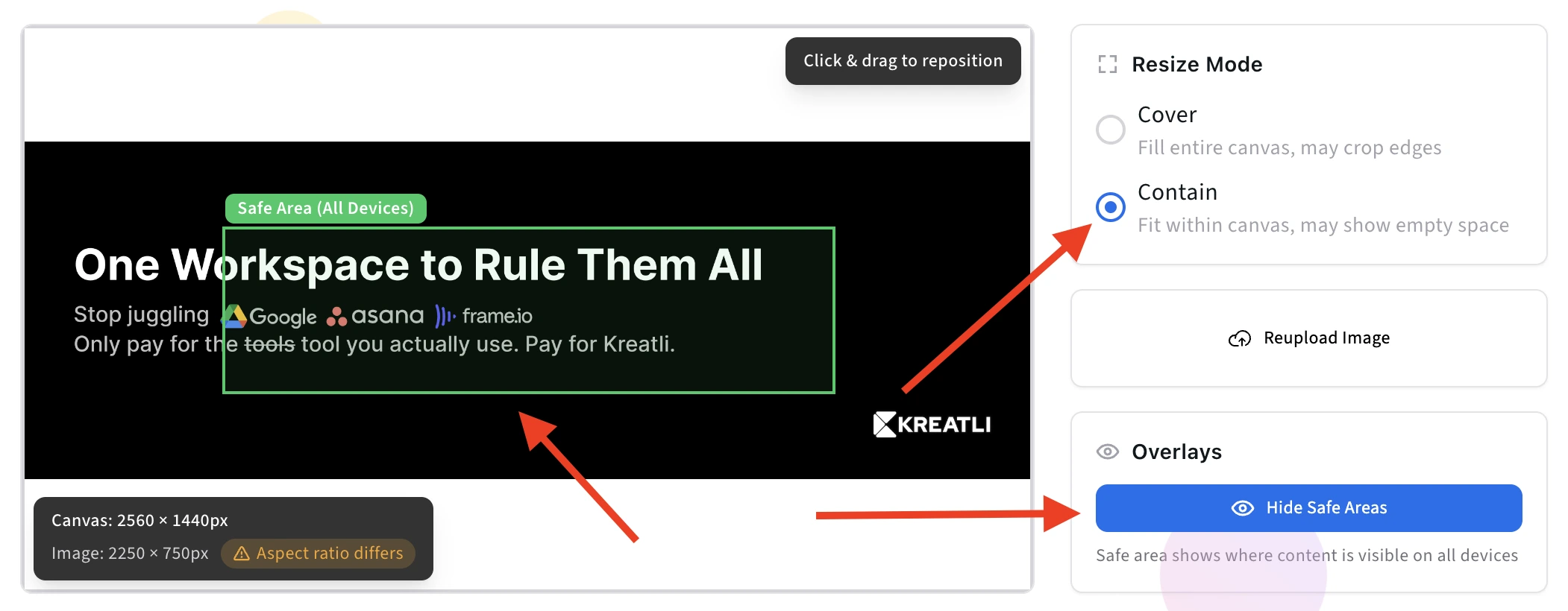 YouTube banner resizer showing 2560x1440px template with safe zone overlay for mobile, desktop, tablet, and TV devices